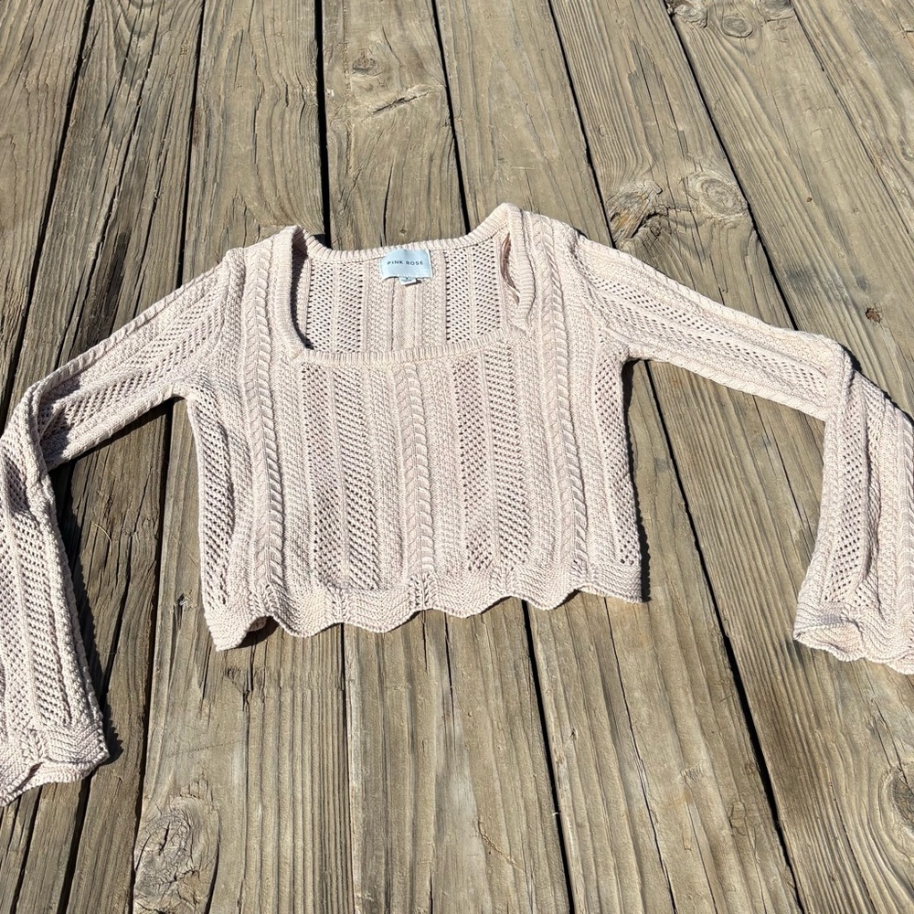 Pink Rose Womens Cropped Knit Sweater Bell Sleeve Beige Boho